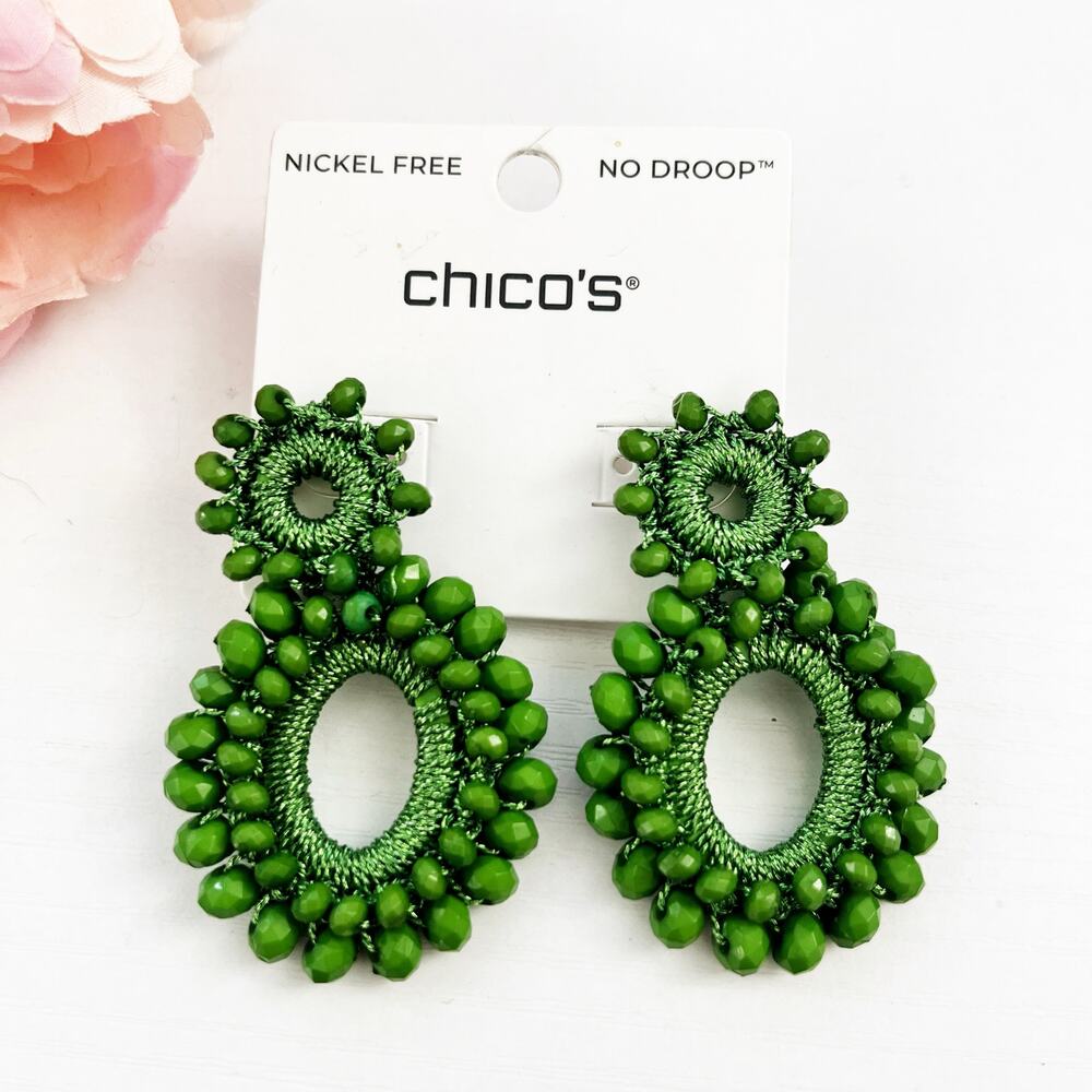 NEW Chico's Green Beaded No Droop Drop Earrings